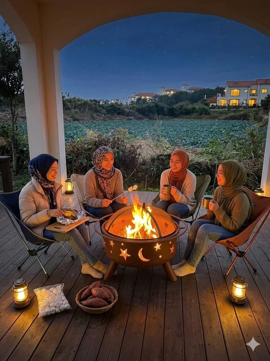 Starry night campfire at the retreat villa