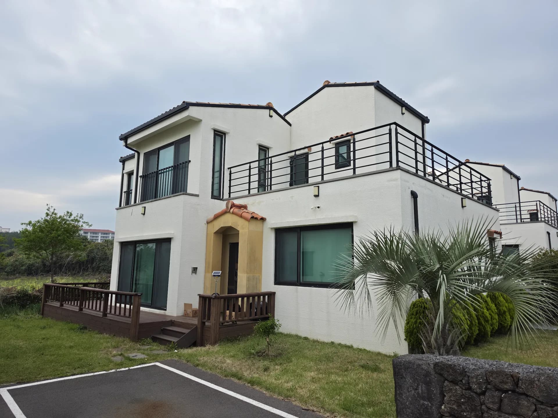 Villa front-side elevation with palm tree and arched entryway
