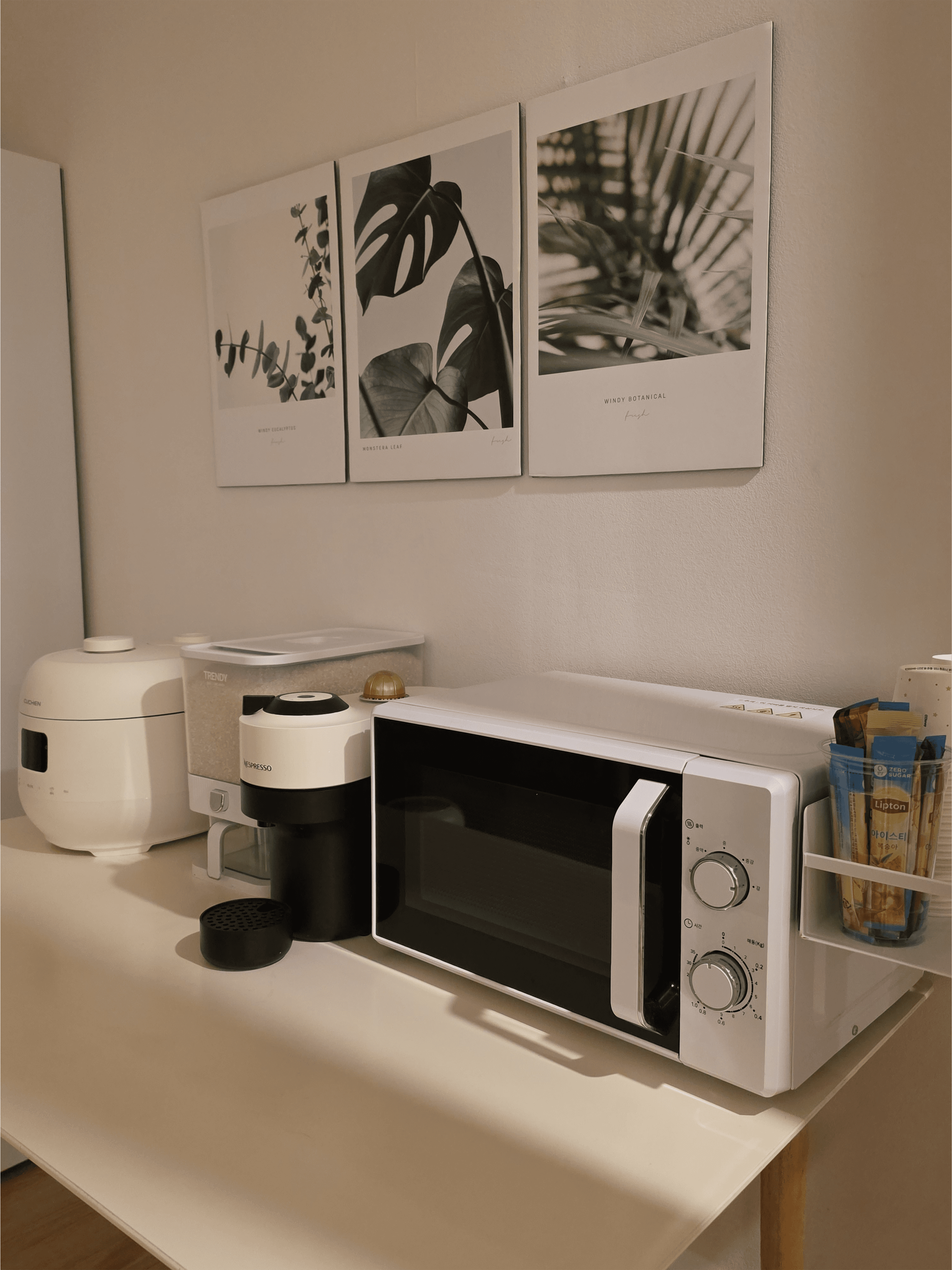 Kitchen corner with coffee machine and microwave