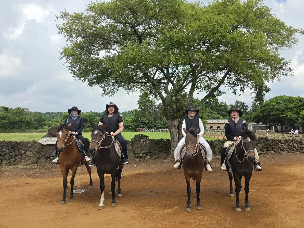 The group on horseback beneath a big shade tree