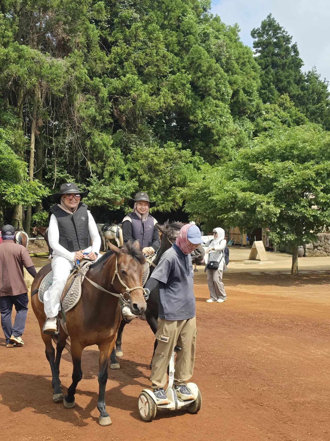 Guests on horseback at a Jeju riding ranch